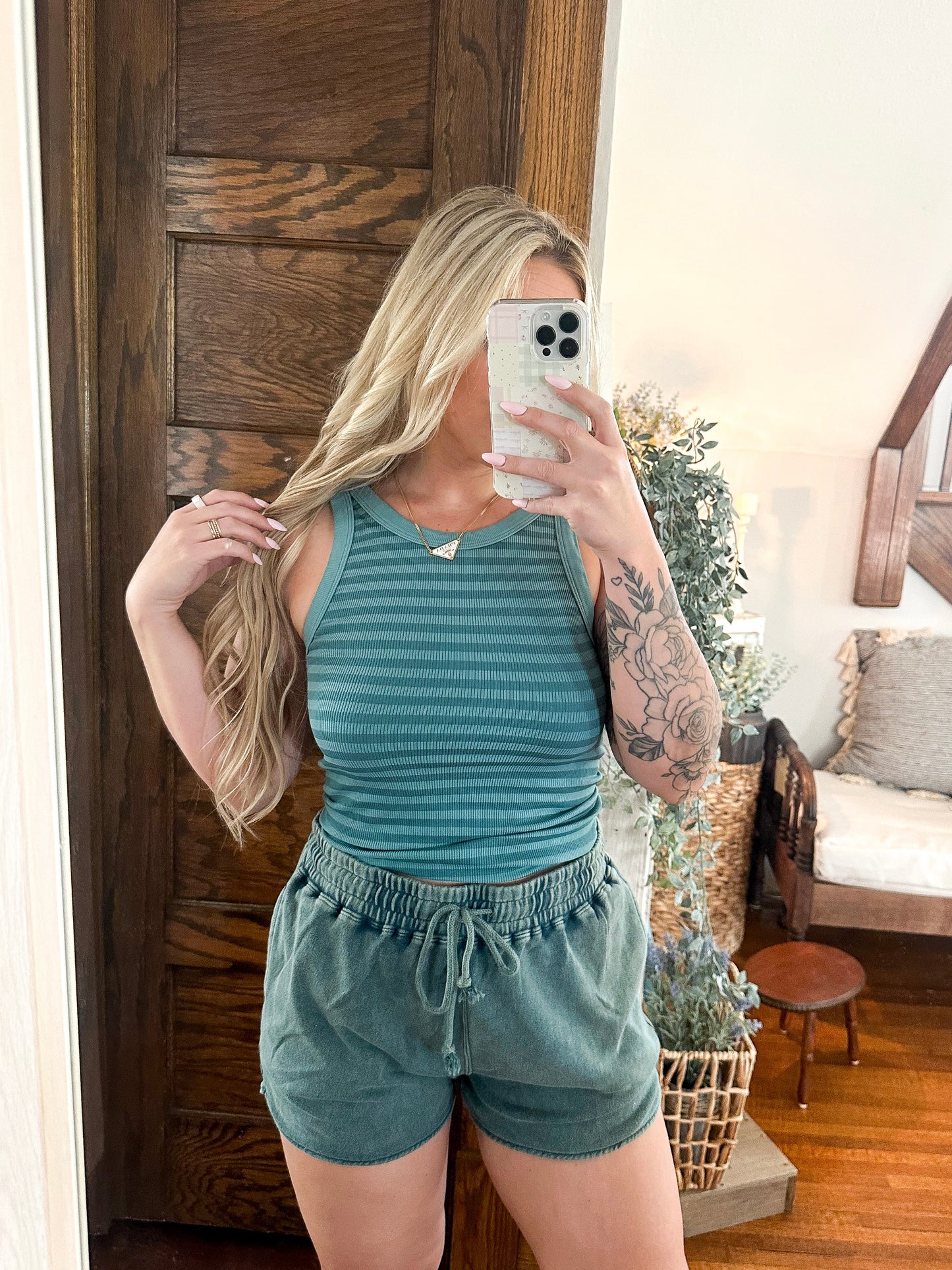 Raelynn Reversible Striped Tank - Dusty Teal