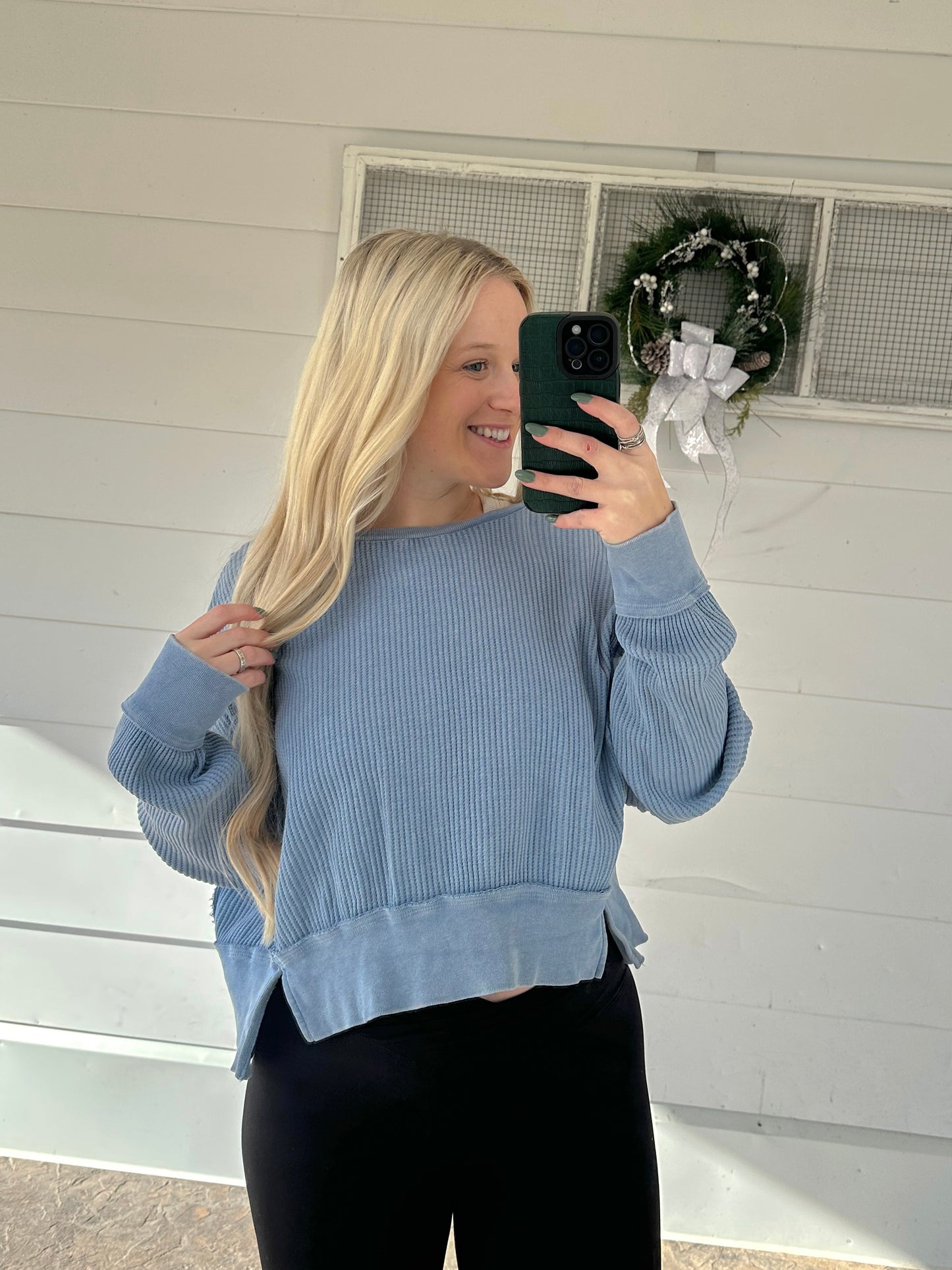Gray Blue Waffle Knit Top