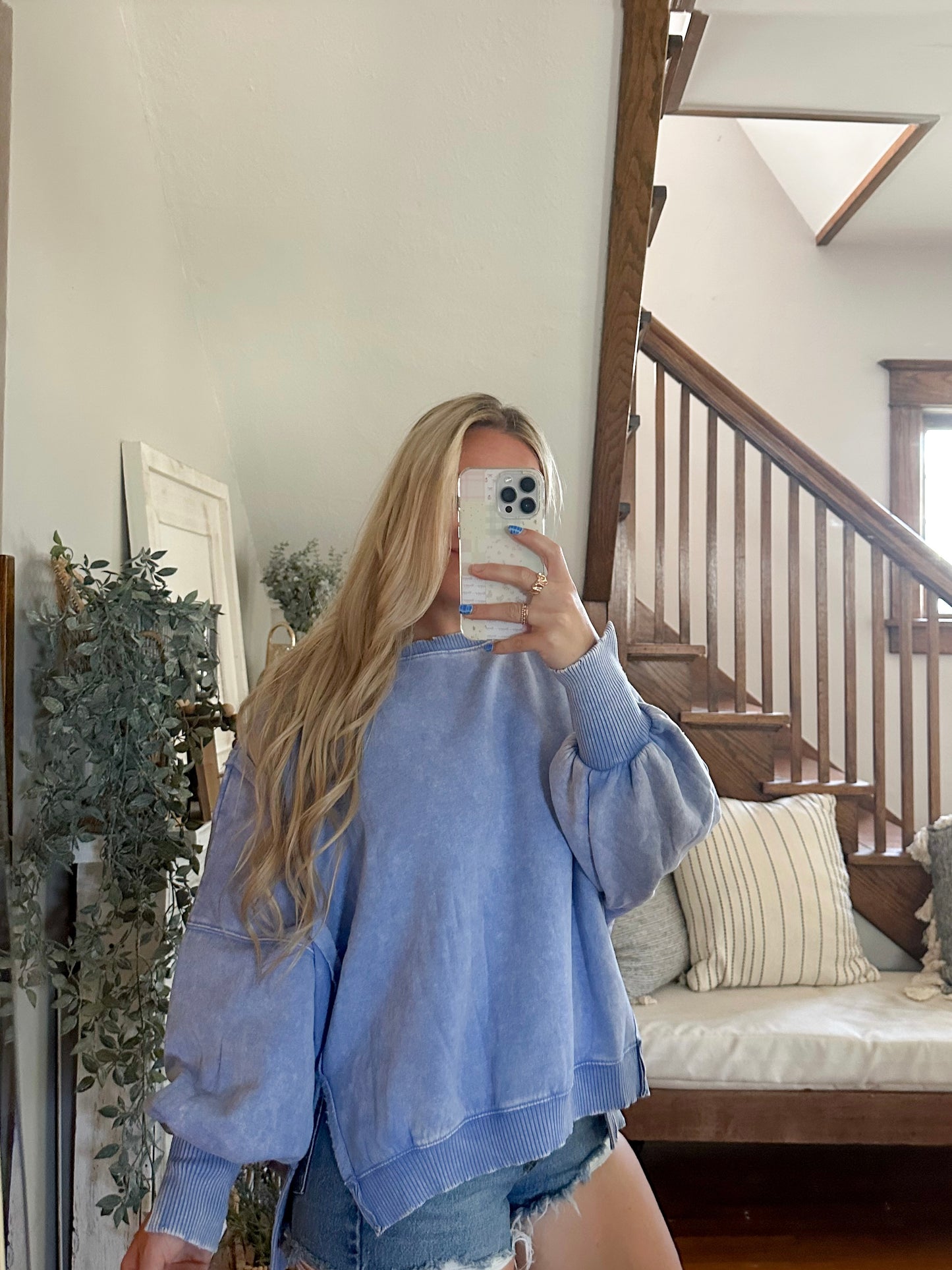 Whitney Mineral Washed Pullover - cornflower blue