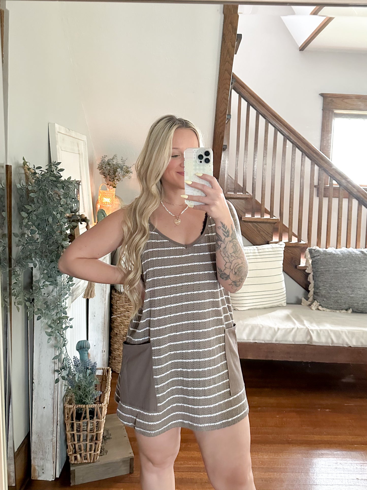 Striped Crochet Dress - Taupe