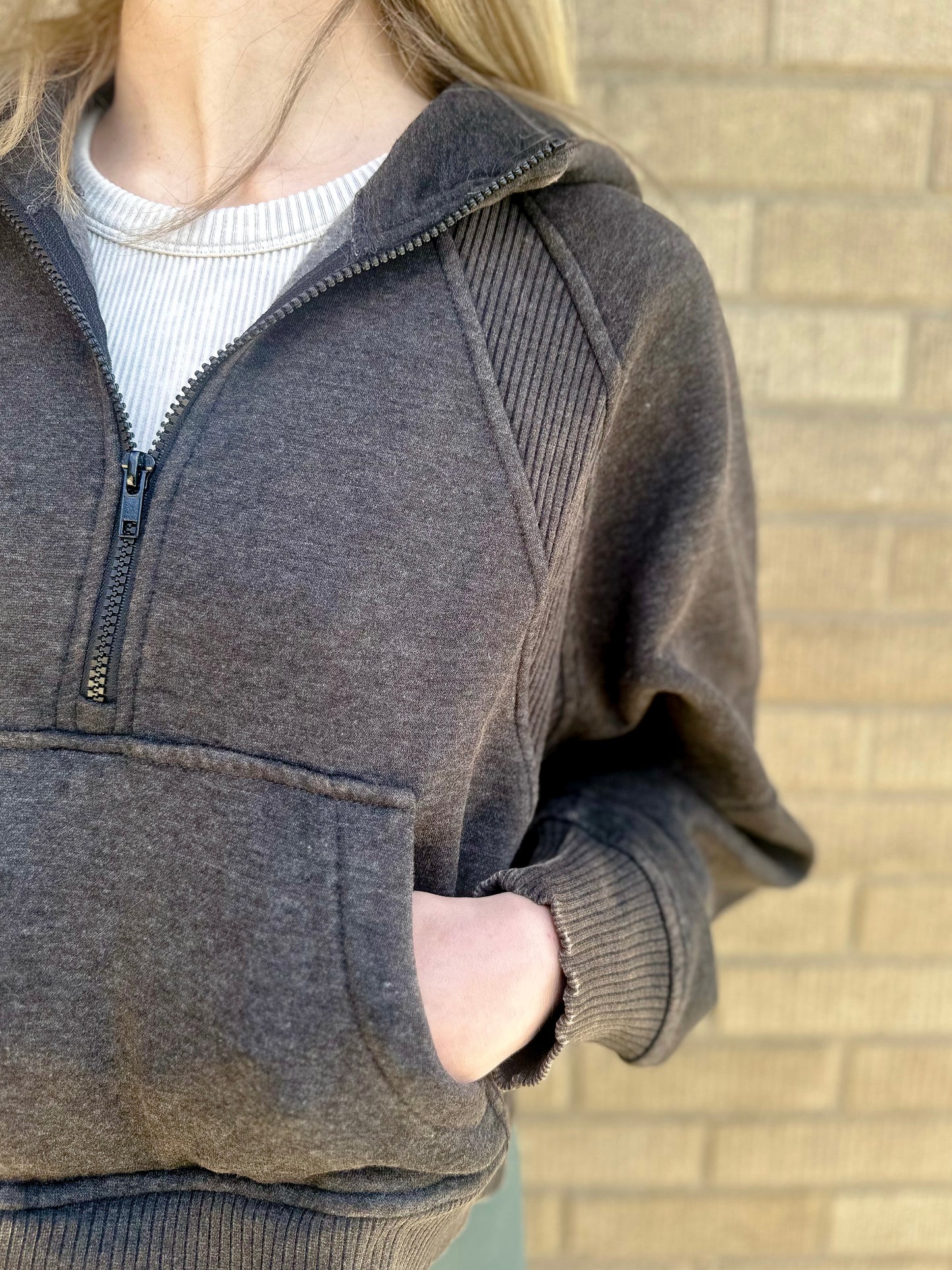 Acid Wash Half Zip - Ash Black