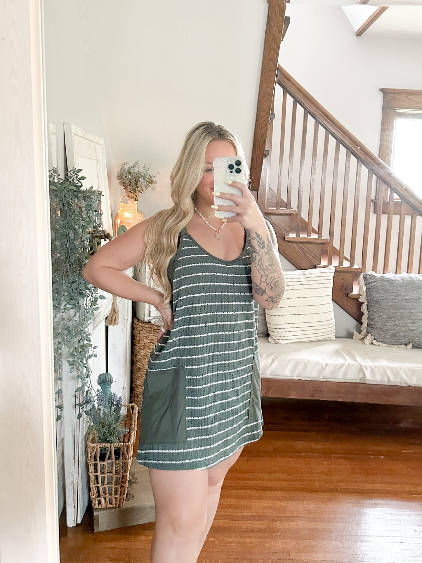 Striped Crochet Dress - Green