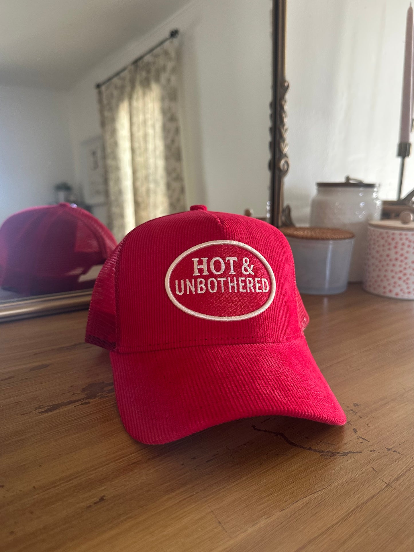 Hot & Unbothered Trucker Hat - Red Corduroy