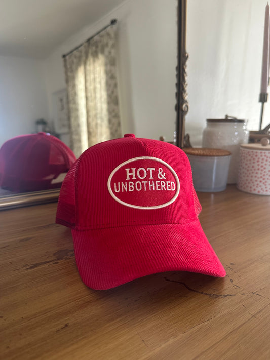 Hot & Unbothered Trucker Hat - Red Corduroy