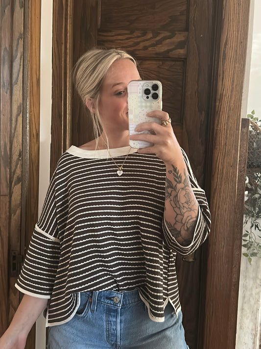 Willow Waffle Knit Striped Top -Mocha