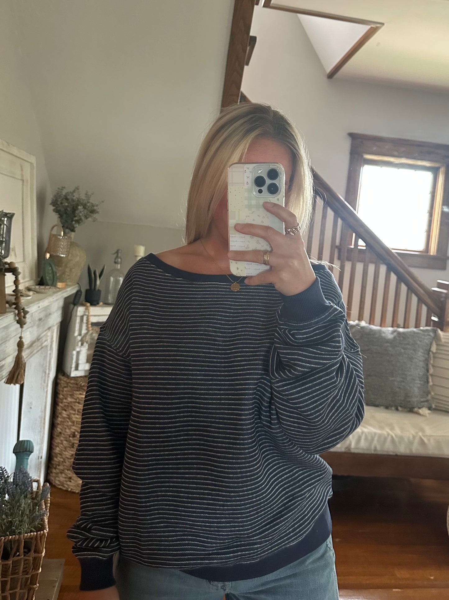 Navy Striped Off The Shoulder Top