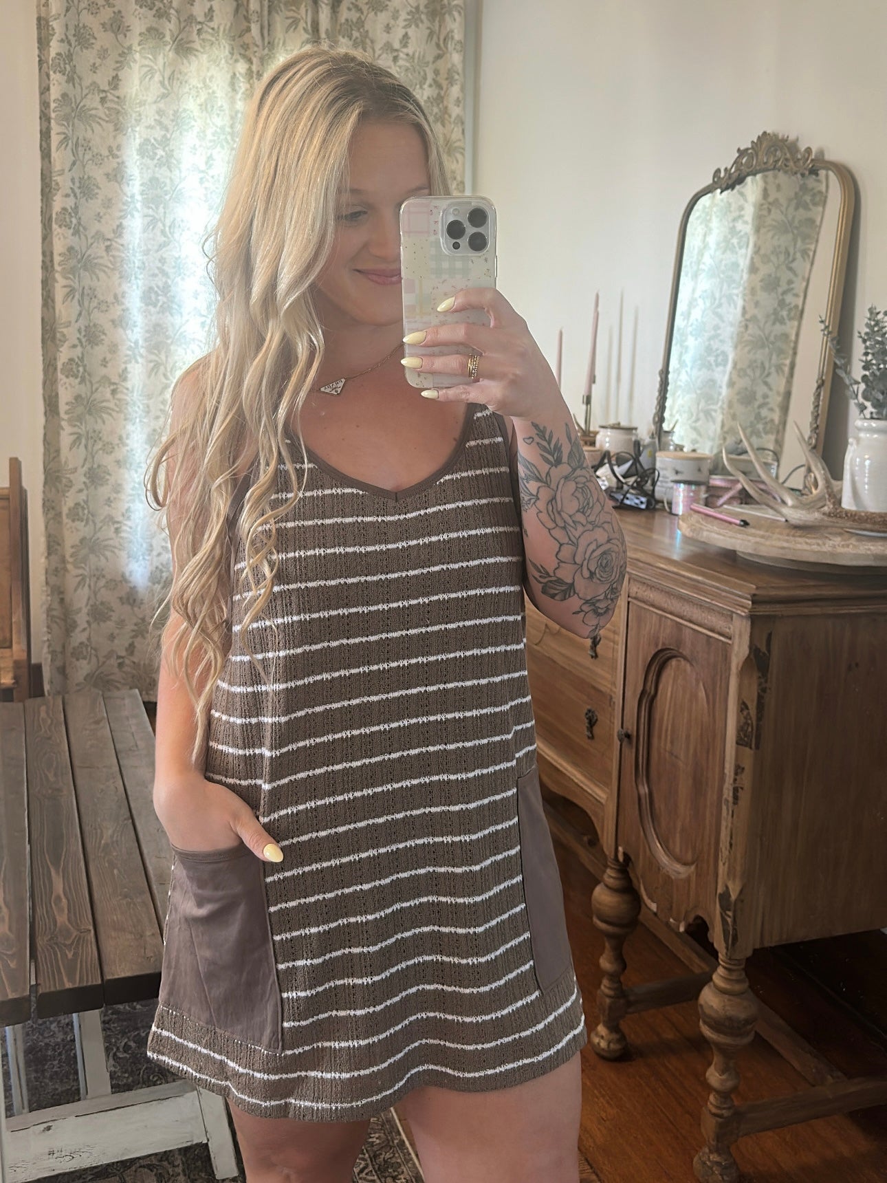 Striped Crochet Dress - Taupe