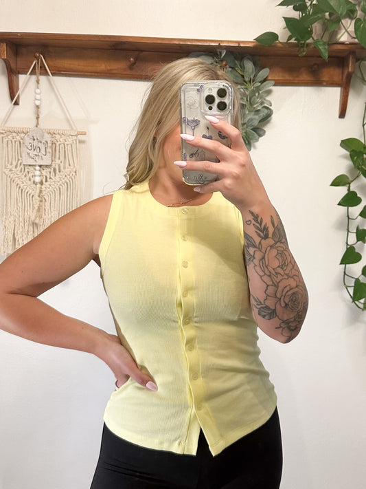 Ribbed Buttoned Down Tank - Butter Yellow