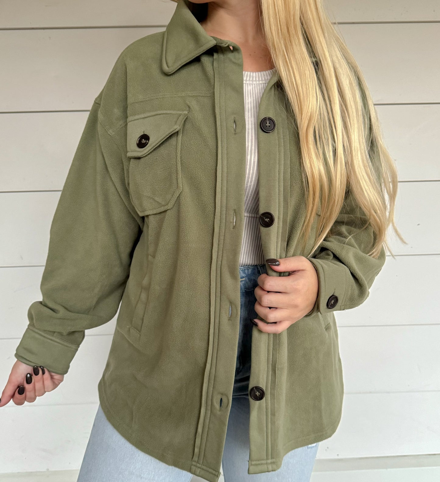 Gabbie Fleece Shacket -Light Olive