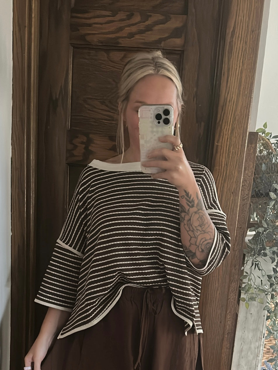 Willow Waffle Knit Striped Top -Mocha