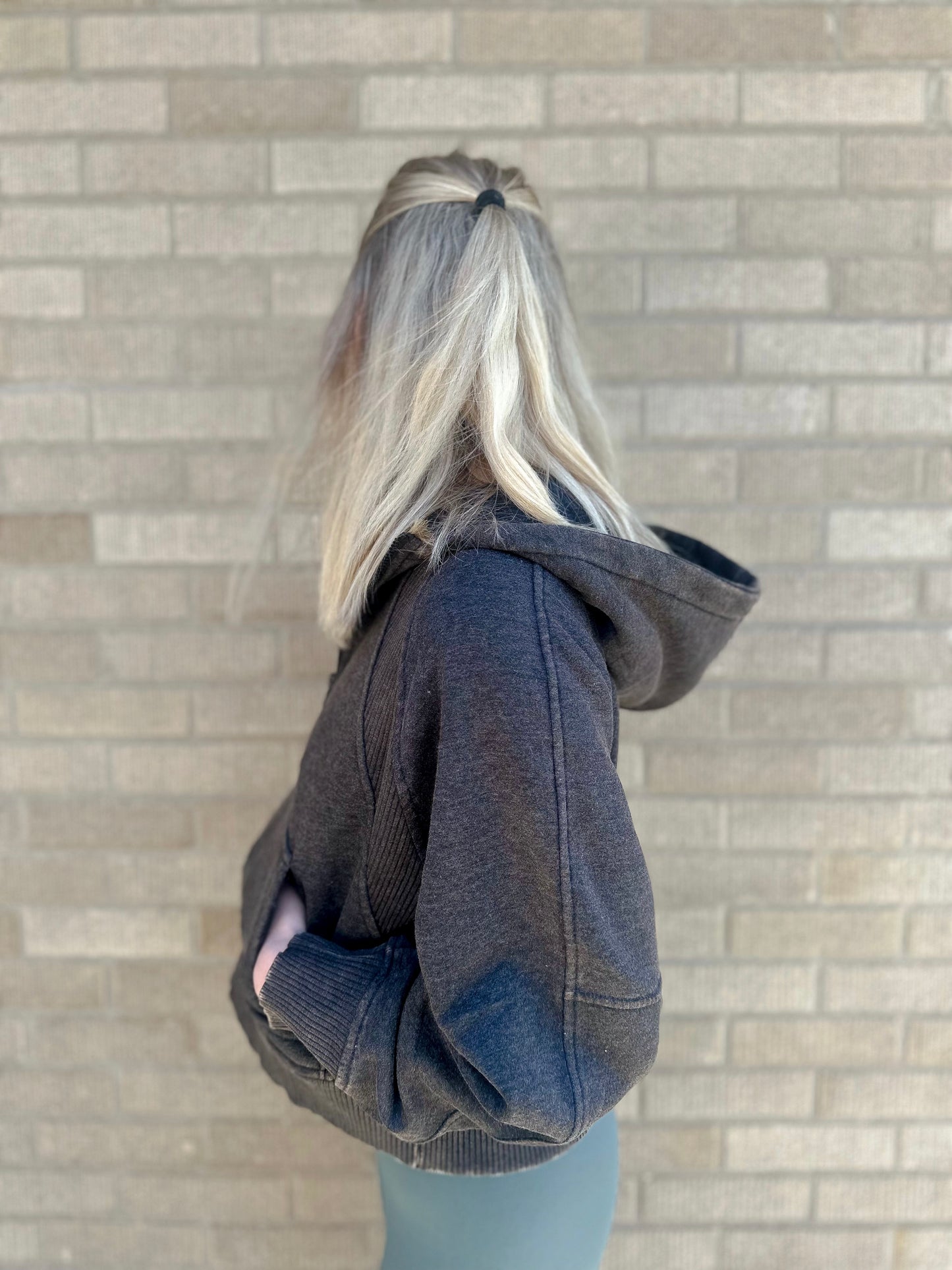 Acid Wash Half Zip - Ash Black