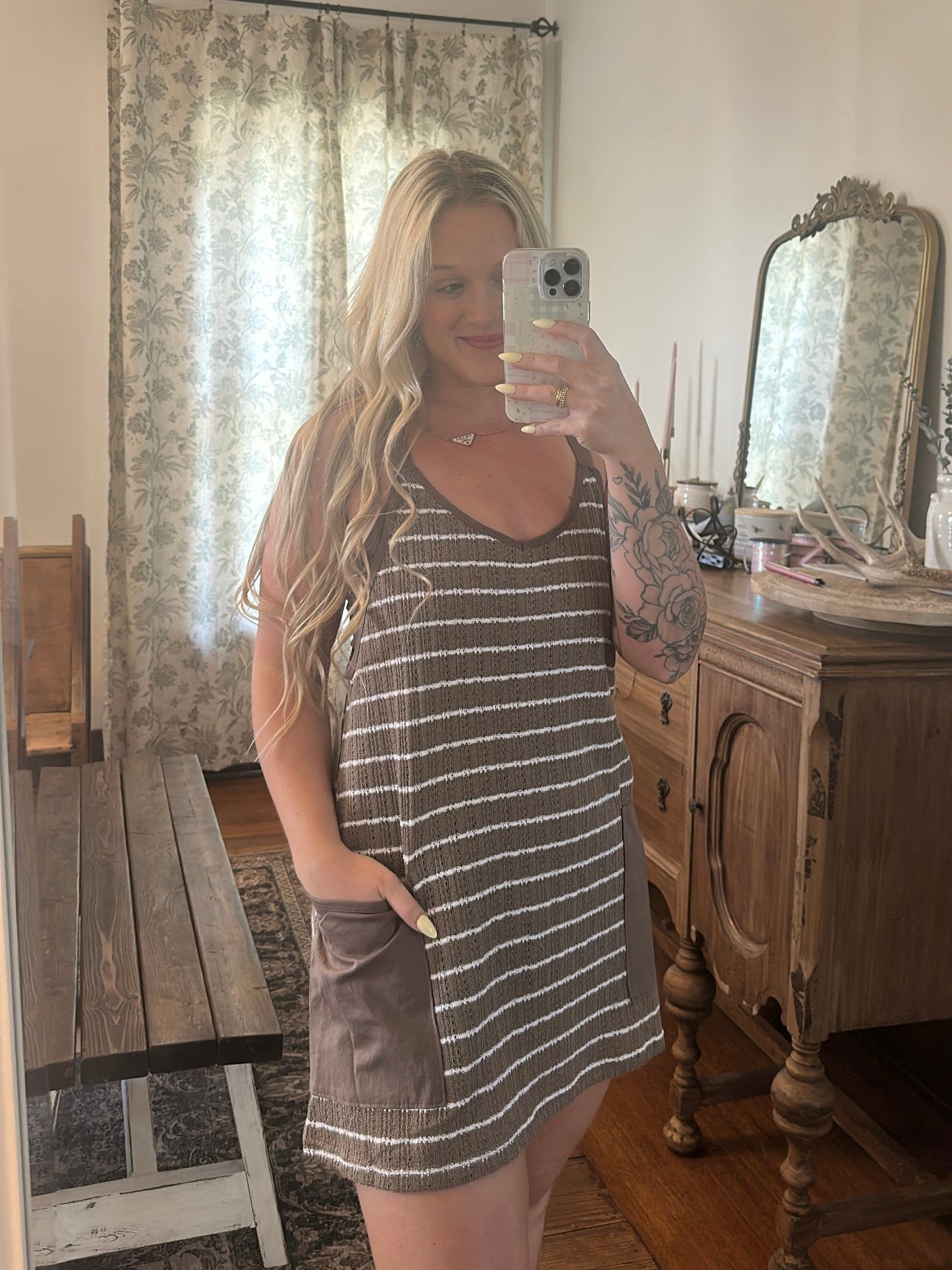 Striped Crochet Dress - Taupe