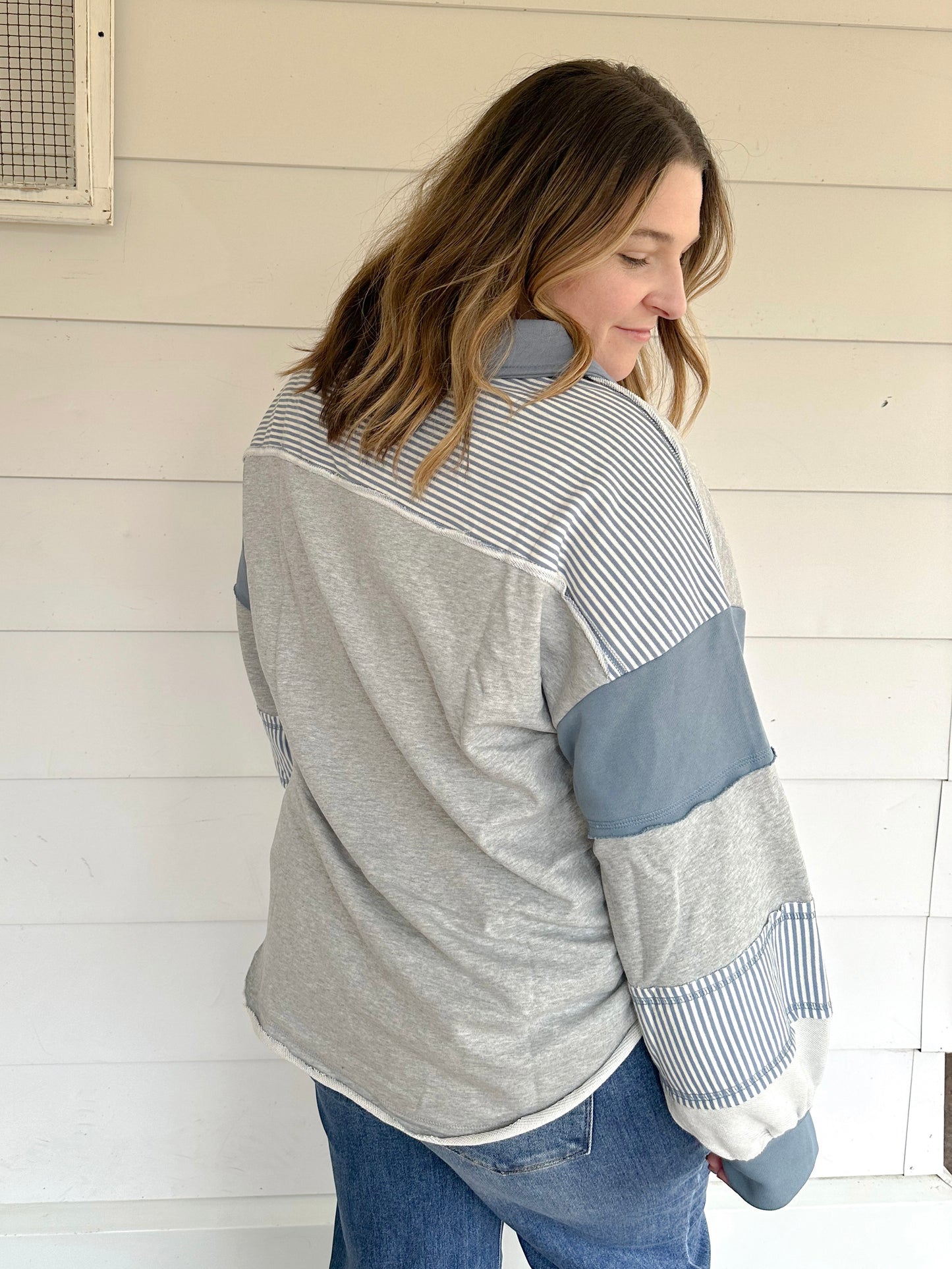 Curvy Color Block Knit Top - Grey/Blue