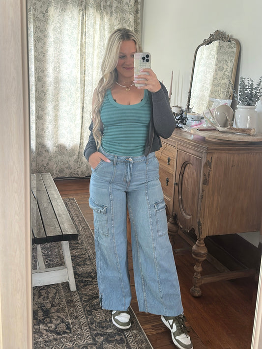 Raelynn Reversible Striped Tank - Dusty Teal