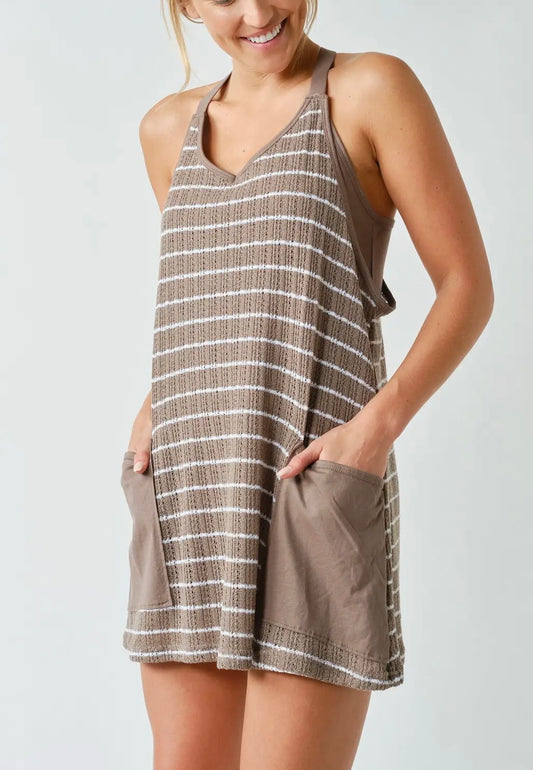 (PRE-ORDER) Striped Crochet Dress - Taupe