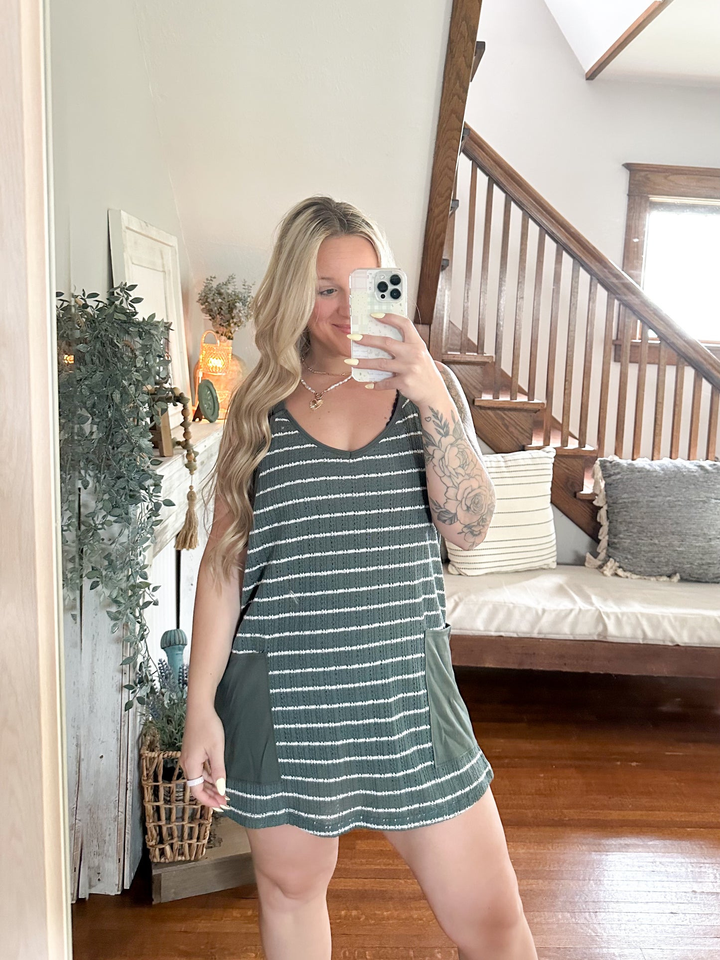 Striped Crochet Dress - Green