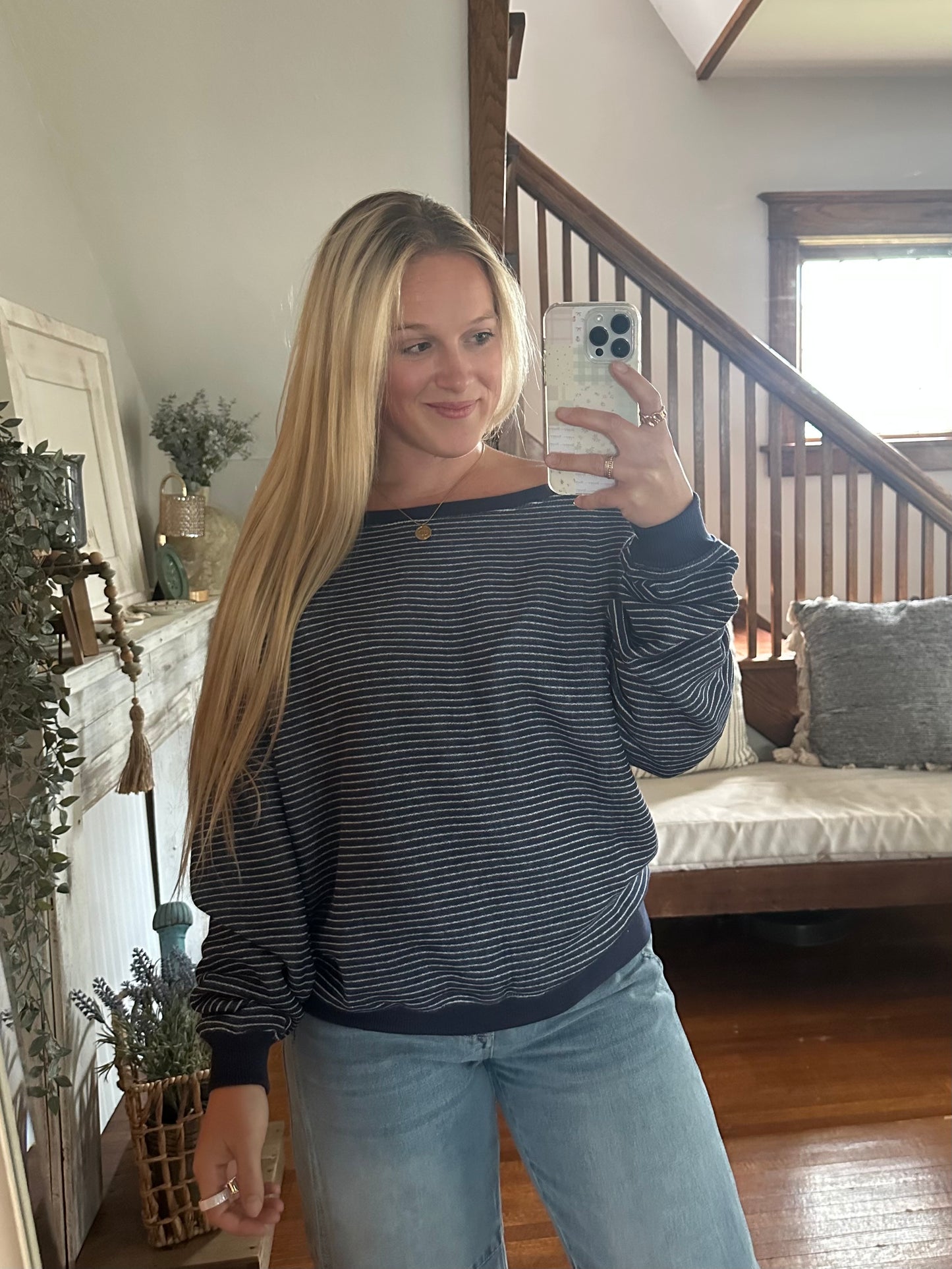 Navy Striped Off The Shoulder Top