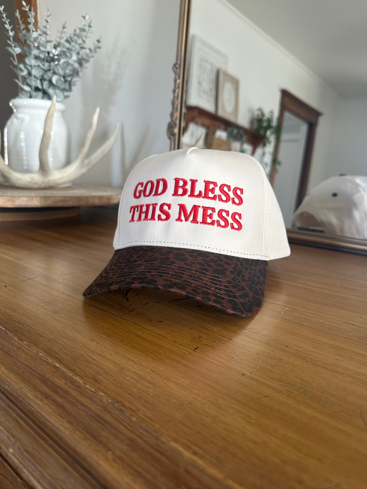 God Bless This Mess Trucker Hat - Leopard/Cream