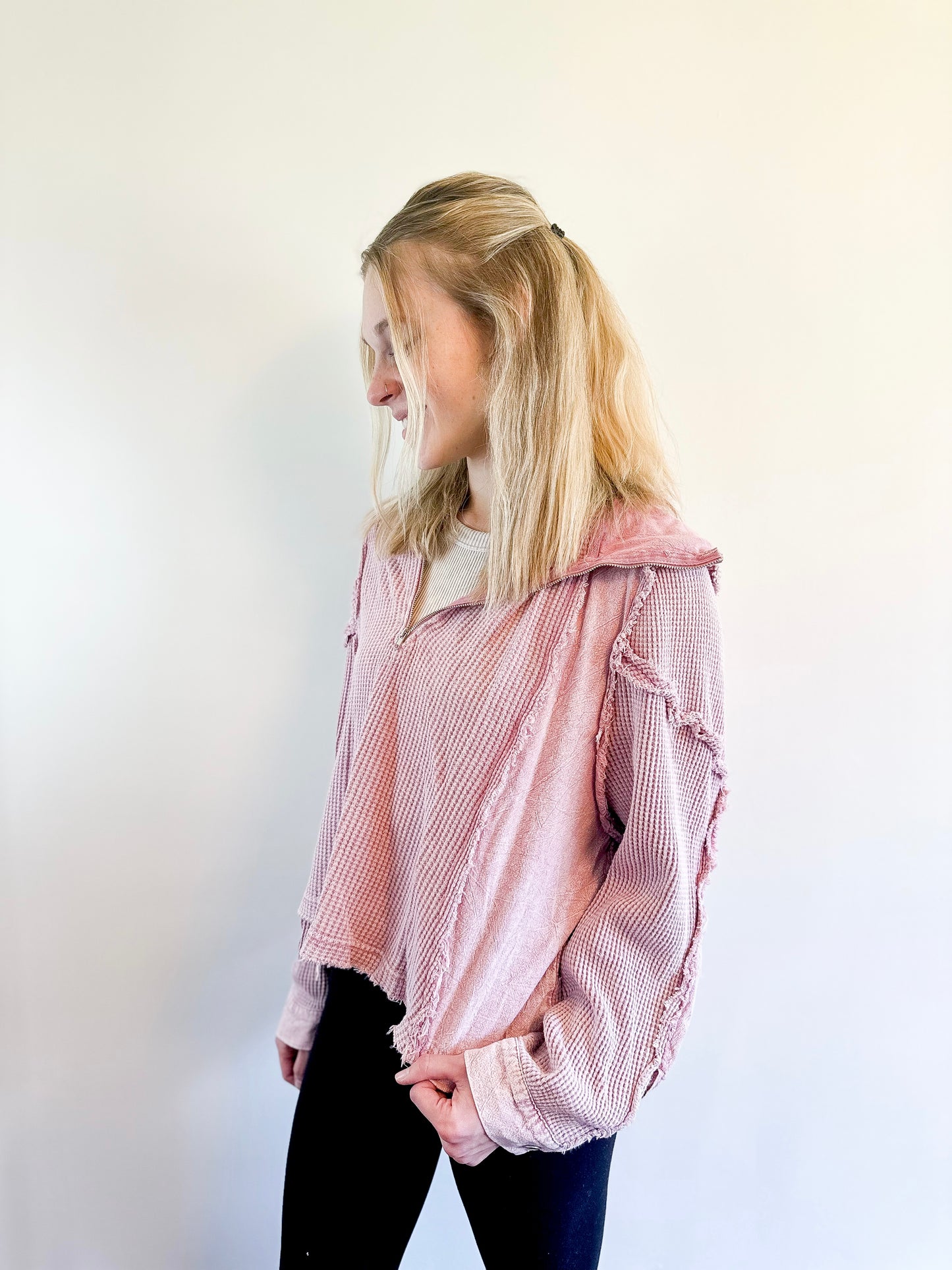 Mineral Washed Waffle Pullover - Mauve